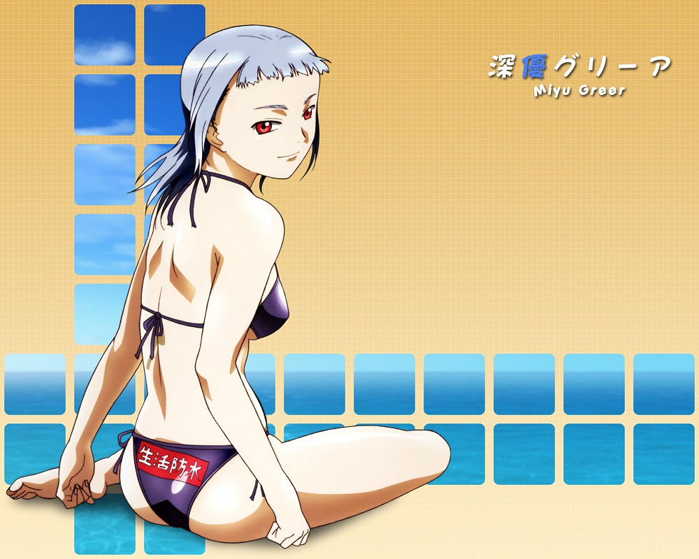 hisayuki hirokazu, miyu greer, my-hime, beige background, silver hair, official art, official wallpaper, scan, 00s, 1girl, ass, back, bikini, blunt bangs, breasts, caustics, character name, clenched hands, closed mouth, clothes writing, cloud, day, female focus, from side, full body, gradient background, grid, light smile, looking at viewer, looking back, medium breasts, ocean, purple bikini, red eyes, shadow, shiny skin, side-tie bikini bottom, sideboob, sitting, skindentation, sky, smile, solo, string bikini, swimsuit, underboob, water