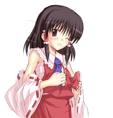 takaku toshihiko, hakurei reimu, phantasmagoria of flower view, touhou, lowres, 1girl, ascot, black hair, blue ascot, blush, bow, detached sleeves, female focus, hair bow, hair ornament, hair tubes, holding, holding bow (ornament), holding hair ornament, japanese clothes, long sleeves, looking at viewer, miko, one eye closed, pink eyes, ribbon-trimmed sleeves, ribbon trim, sarashi, simple background, skirt, skirt set, solo, tears, torn clothes, torn sleeves, unworn hair bow, unworn hair ornament, white background, wince