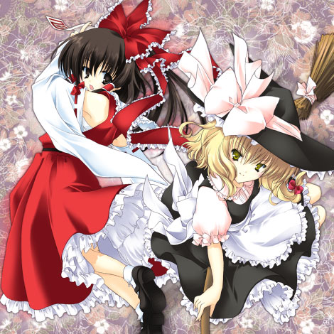 ayase hazuki, hakurei reimu, kirisame marisa, touhou, black footwear, bad id, lowres, 2girls, apron, bare shoulders, black eyes, black hat, blonde hair, bow, broom, brown hair, detached sleeves, dress, female focus, floral background, flower, frilled apron, frilled bow, frilled shirt collar, frills, hair bow, hair ribbon, hat, hat bow, long hair, looking back, multiple girls, ofuda, open mouth, petticoat, puffy short sleeves, puffy sleeves, red bow, red ribbon, red skirt, ribbon, ribbon-trimmed sleeves, ribbon trim, sarashi, shirt, shoes, short hair, short sleeves, skirt, skirt set, socks, white bow, white shirt, white sleeves, witch hat, yellow eyes