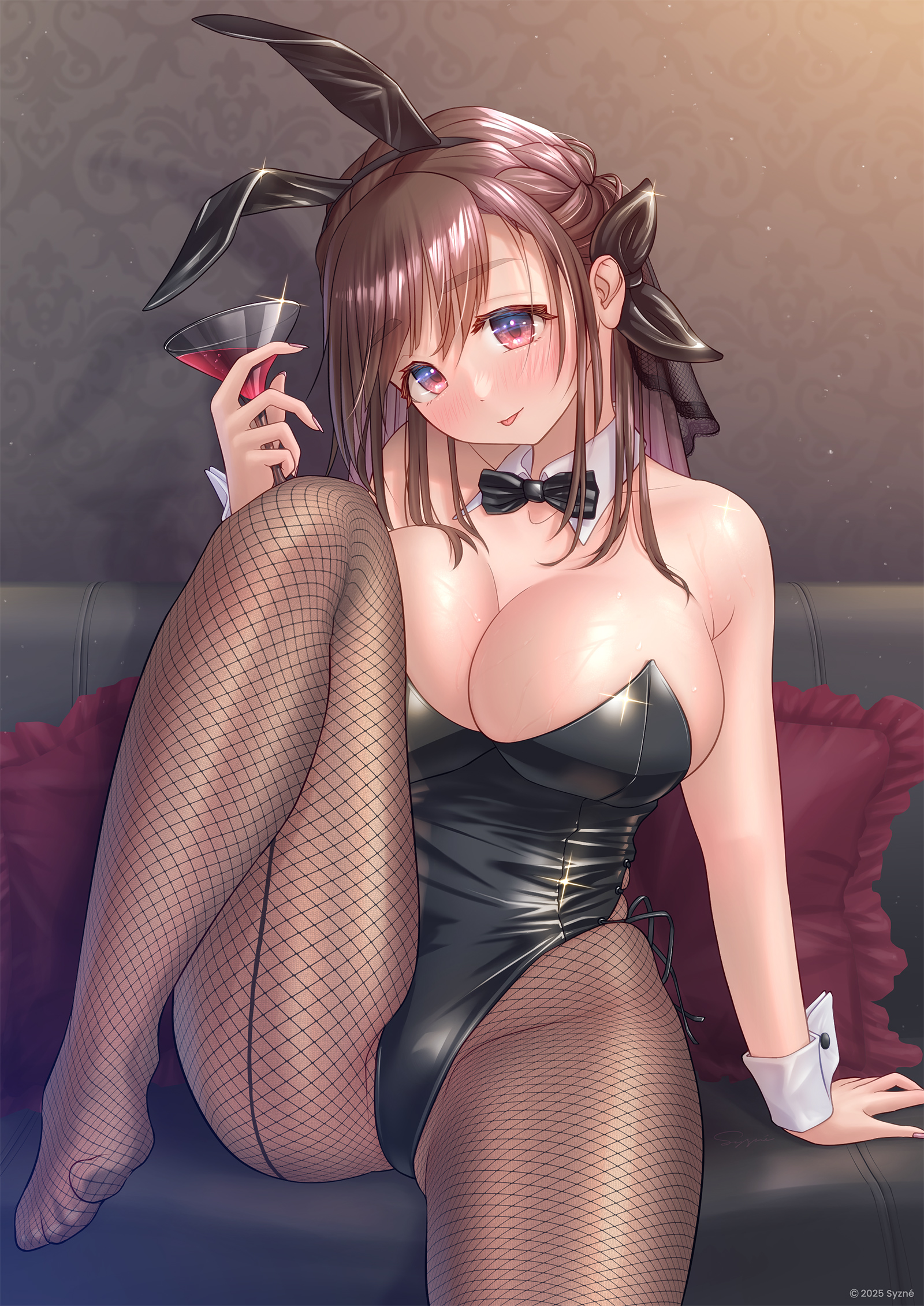 syzne, original, highres, 1girl, animal ear hairband, animal ears, back-seamed legwear, black bow, black bowtie, black leotard, bow, bowtie, braid, breasts, brown eyes, cleavage, cocktail glass, cup, detached collar, drinking glass, fake animal ears, fishnet pantyhose, fishnets, hairband, half up braid, large breasts, leotard, long hair, pantyhose, playboy bunny, rabbit ears, red eyes, seamed legwear, side-tie leotard, smile, solo, strapless, strapless leotard, wrist cuffs