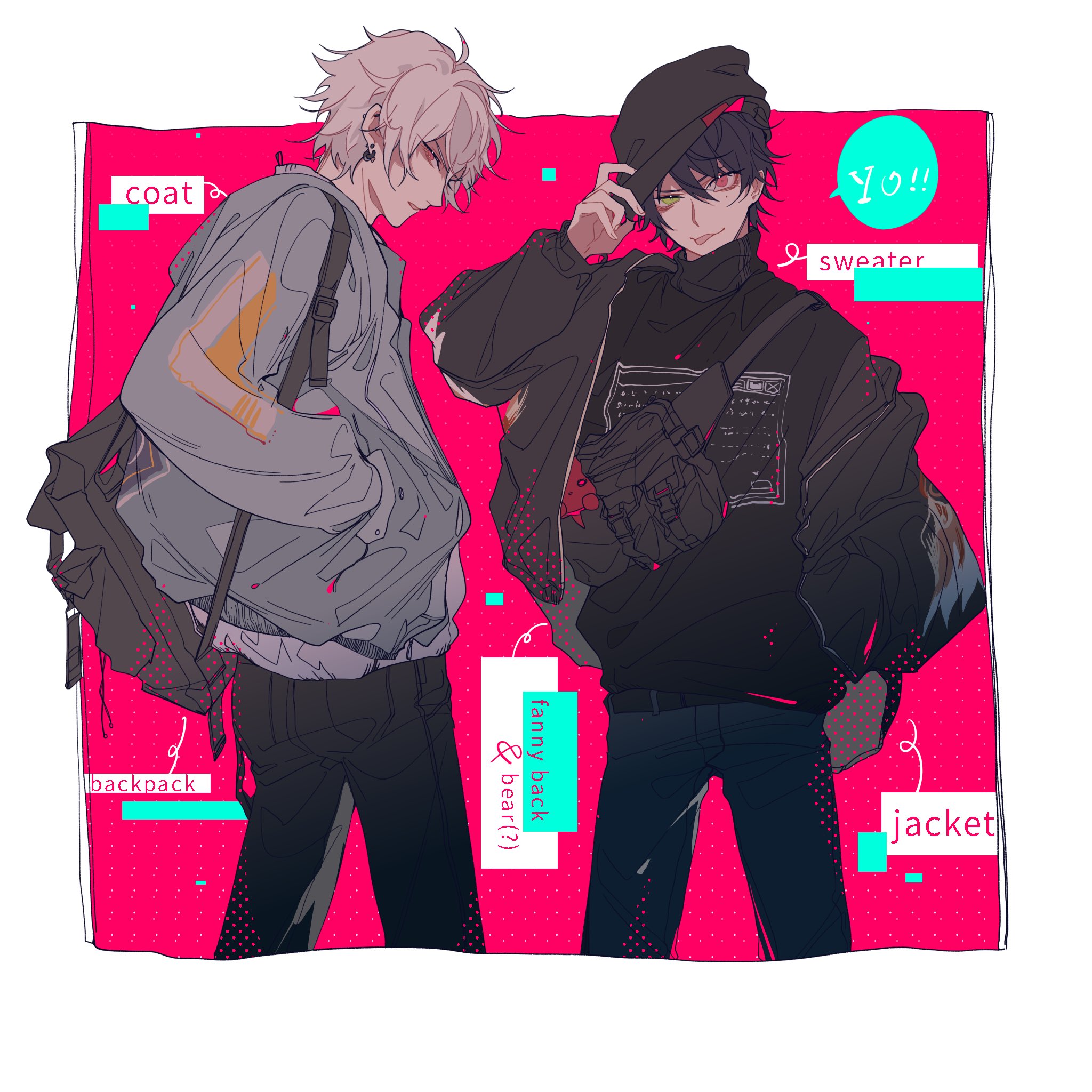shuiyiyaogong, aohitsugi samatoki, yamada ichiro, hypnosis mic, highres, 2boys, adjusting clothes, adjusting headwear, alternate costume, backpack, bag, black bag, black hair, black hat, black jacket, black pants, black shirt, closed mouth, colored speech bubble, cowboy shot, ear piercing, earrings, english text, green eyes, grey jacket, hair between eyes, hand in pocket, hand on headwear, hands in pockets, hat, heterochromia, hood, hoodie, jacket, jewelry, long sleeves, looking at viewer, male focus, mole, mole under eye, multiple boys, open clothes, open jacket, pants, parted lips, piercing, pink background, red eyes, shirt, short hair, shoulder bag, smile, speech bubble, standing, tongue, tongue out, turtleneck, white hair, yaoi
