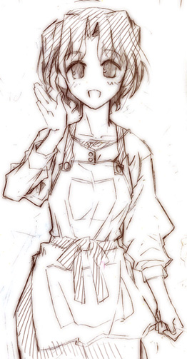 maman, momiji mao, yuzuhara haruka, to heart (series), to heart 2, 00s, 1girl, collarbone, female focus, long sleeves, looking at viewer, monochrome, overalls, short hair, simple background, sketch, smile, solo, white background