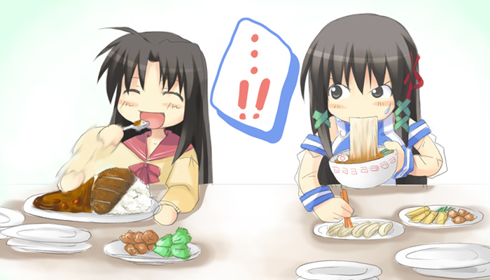 ikujitto, kawana misaki, xp-tan, one – kagayaku kisetsu e, os-tan, !, !!, 00s, 2girls, :d, ^ ^, afterimage, black hair, closed eyes, curry, eating, food, hair ornament, kamaboko, long hair, meandros, meat, motion blur, multiple girls, narutomaki, noodles, open mouth, plate, ramen, rice, school uniform, serafuku, smile, spoon, sweatdrop, x hair ornament
