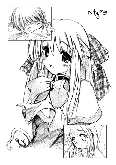 mizoguchi keiji, kawasumi mai, kurata sayuri, kanon, traditional media, 2girls, blush, bow, capelet, chibi, chibi inset, greyscale, hair between eyes, hair bow, looking at viewer, monochrome, multiple girls, simple background, sketch, upper body, white background