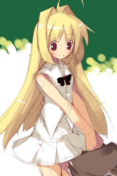yanagi yuu, arcueid brunestud, eco-arc, original, tsukihime, 00s, 1girl, aged down, ahoge, bag, blonde hair, bow, female focus, hair intakes, loli, long hair, outdoors, red eyes, skirt, smile, solo