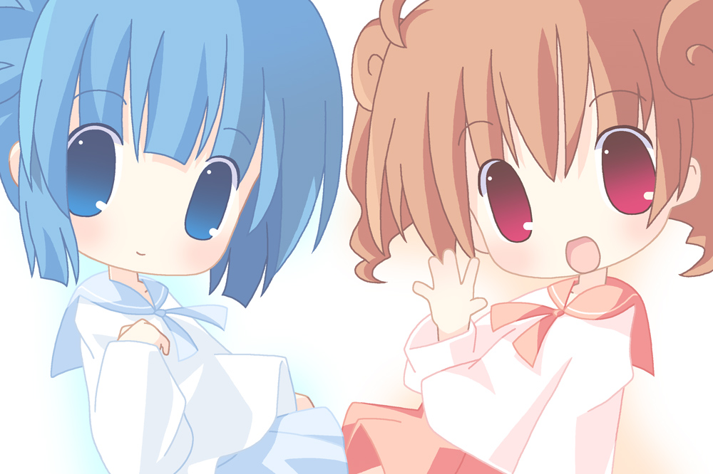 mirai (sugar), original, 2girls, blue eyes, blue hair, blue skirt, blush, chibi, chibi only, long sleeves, looking at viewer, multiple girls, outline, pleated skirt, red eyes, red hair, red skirt, school uniform, serafuku, shirt, short hair, simple background, skirt, smile, white shirt