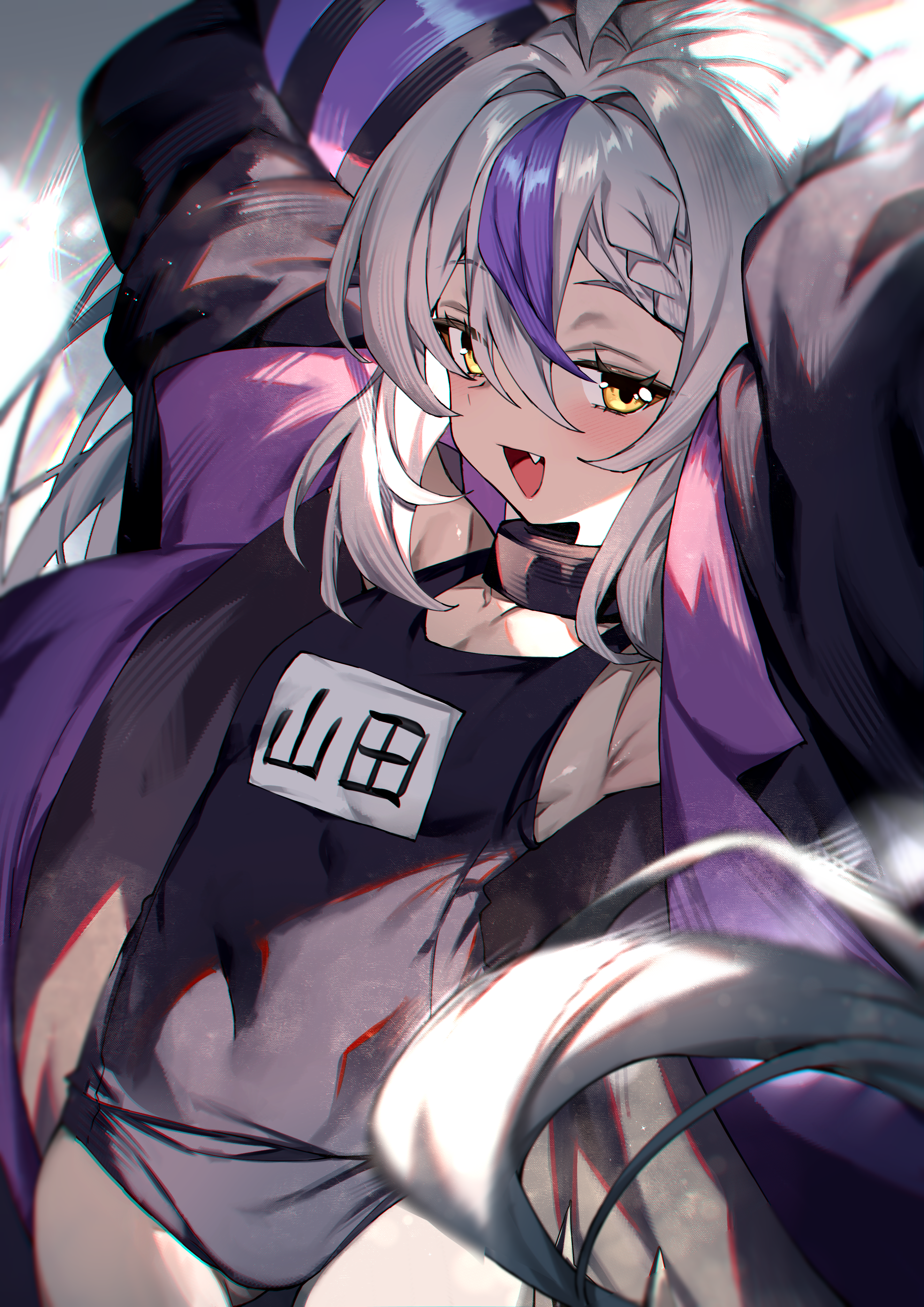 redcomet, la+ darknesss, hololive, absurdres, commentary, english commentary, highres, 1girl, :d, black one-piece swimsuit, braid, fang, long hair, multicolored hair, one-piece swimsuit, open mouth, purple hair, school swimsuit, smile, solo, streaked hair, swimsuit, virtual youtuber, white hair, yellow eyes
