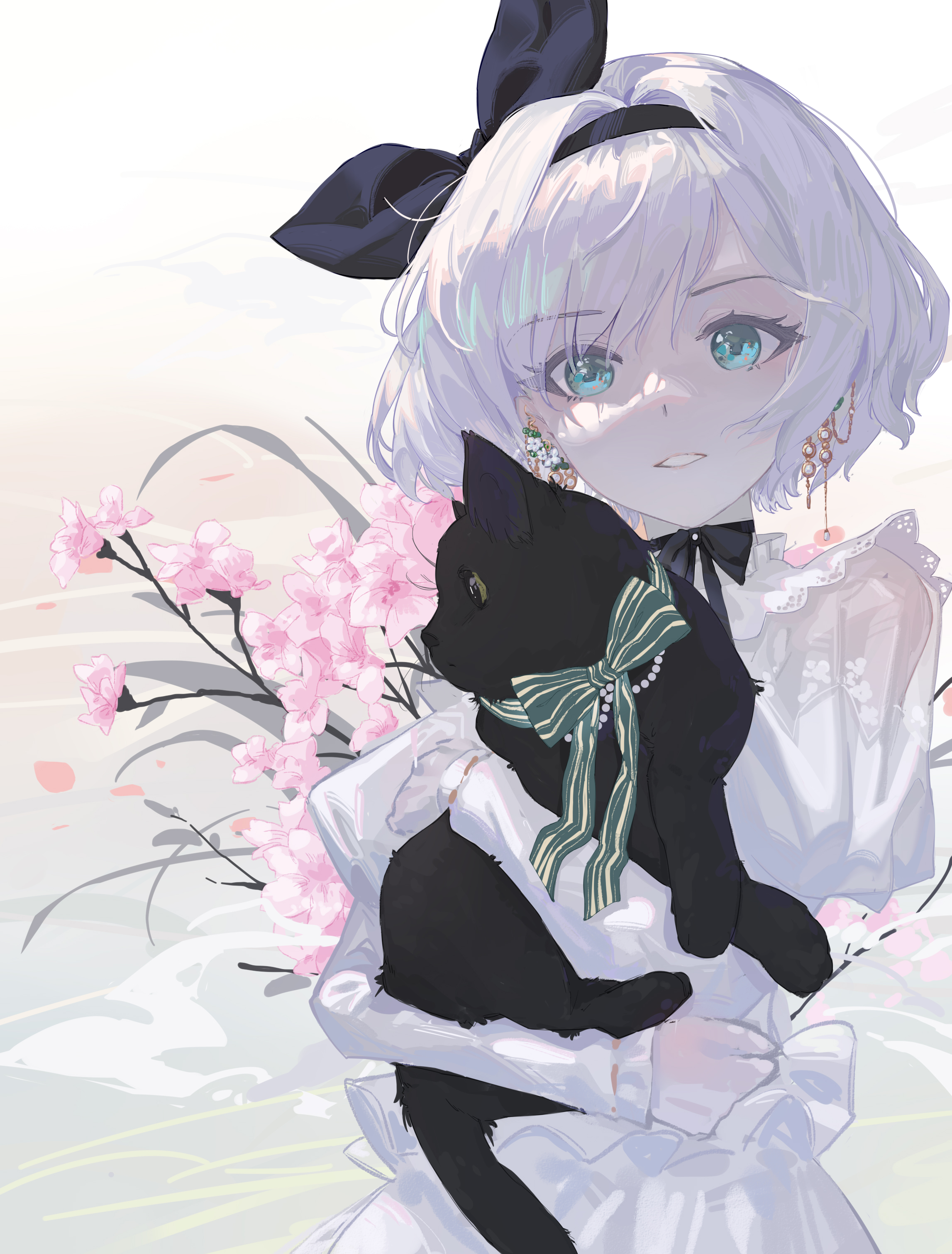 s2535151, konpaku youmu, touhou, absurdres, commentary, flower request, highres, 1girl, alternate costume, animal, black cat, black hairband, cat, dress, earrings, flower, green eyes, hairband, holding, holding animal, holding cat, jewelry, long sleeves, looking at viewer, pink flower, solo, white dress, white hair