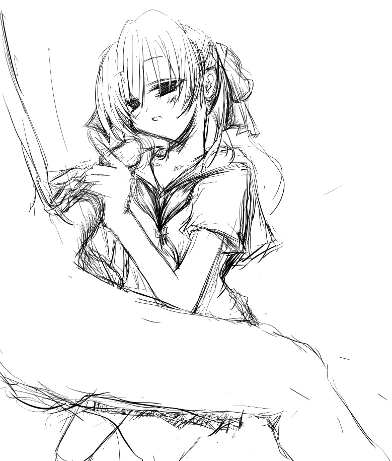 mk (mod0), original, 1boy, 1girl, clothed female nude male, fellatio, greyscale, handjob, hetero, monochrome, nude, oral, penis, school uniform, serafuku, simple background, sketch, solo focus, uncensored, white background