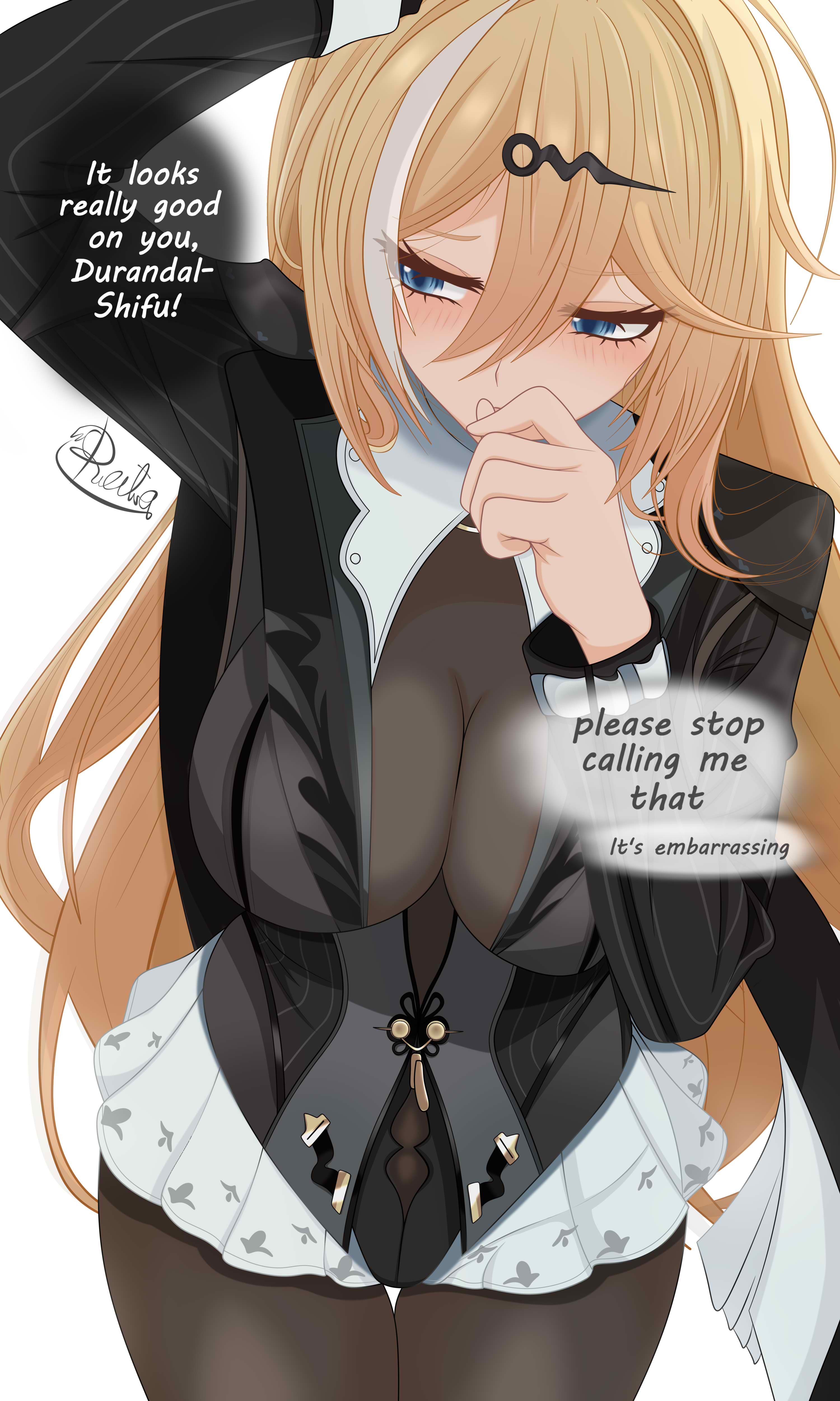 reila nii, durandal (honkai impact), noto mamiko, yixuan (trails of ink) (zenless zone zero), yixuan (zenless zone zero), honkai (series), honkai impact 3rd, mihoyo, zenless zone zero, absurdres, commentary, english commentary, highres, 1girl, artist name, black pantyhose, black unitard, blonde hair, blue eyes, breasts, cosplay, english text, large breasts, long hair, multicolored hair, pantyhose, see-through cleavage, see-through clothes, simple background, solo, speech bubble, streaked hair, two-tone hair, very long hair, voice actor connection, white background, white hair, yixuan (zenless zone zero) (cosplay)