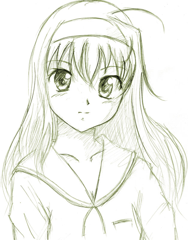shirogane sara, futakoi, 00s, 1girl, ahoge, blush, closed mouth, female focus, hairband, long hair, looking at viewer, monochrome, school uniform, serafuku, sketch, solo