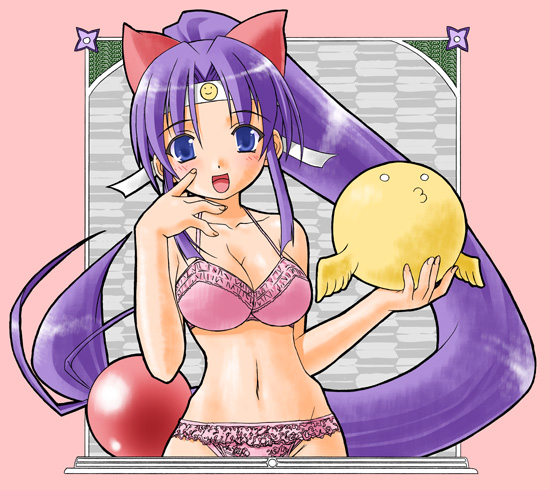yaminohara, onsokumaru, shinobu (ninin ga shinobuden), ninin ga shinobuden, 00s, 1girl, blue eyes, blunt bangs, blush, bow, bra, breasts, cleavage, female focus, frilled panties, frills, hair bow, hairband, headband, lace, lace-trimmed panties, lace panties, lace trim, lingerie, long hair, low-tied long hair, navel, o3o, panties, pink bra, pink panties, purple hair, smiley face, solo, standing, underwear, underwear only, very long hair, yagasuri