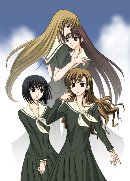 kubo shiori, nijou noriko, satou sei, toudou shimako, maria-sama ga miteru, 00s, 4girls, adjusting hair, black eyes, black hair, blonde hair, blue eyes, brown hair, cloud, day, dress, green eyes, hug, long hair, long sleeves, multiple girls, purple hair, sailor dress, school uniform, short hair, sky, smile, very long hair, wind, yuri
