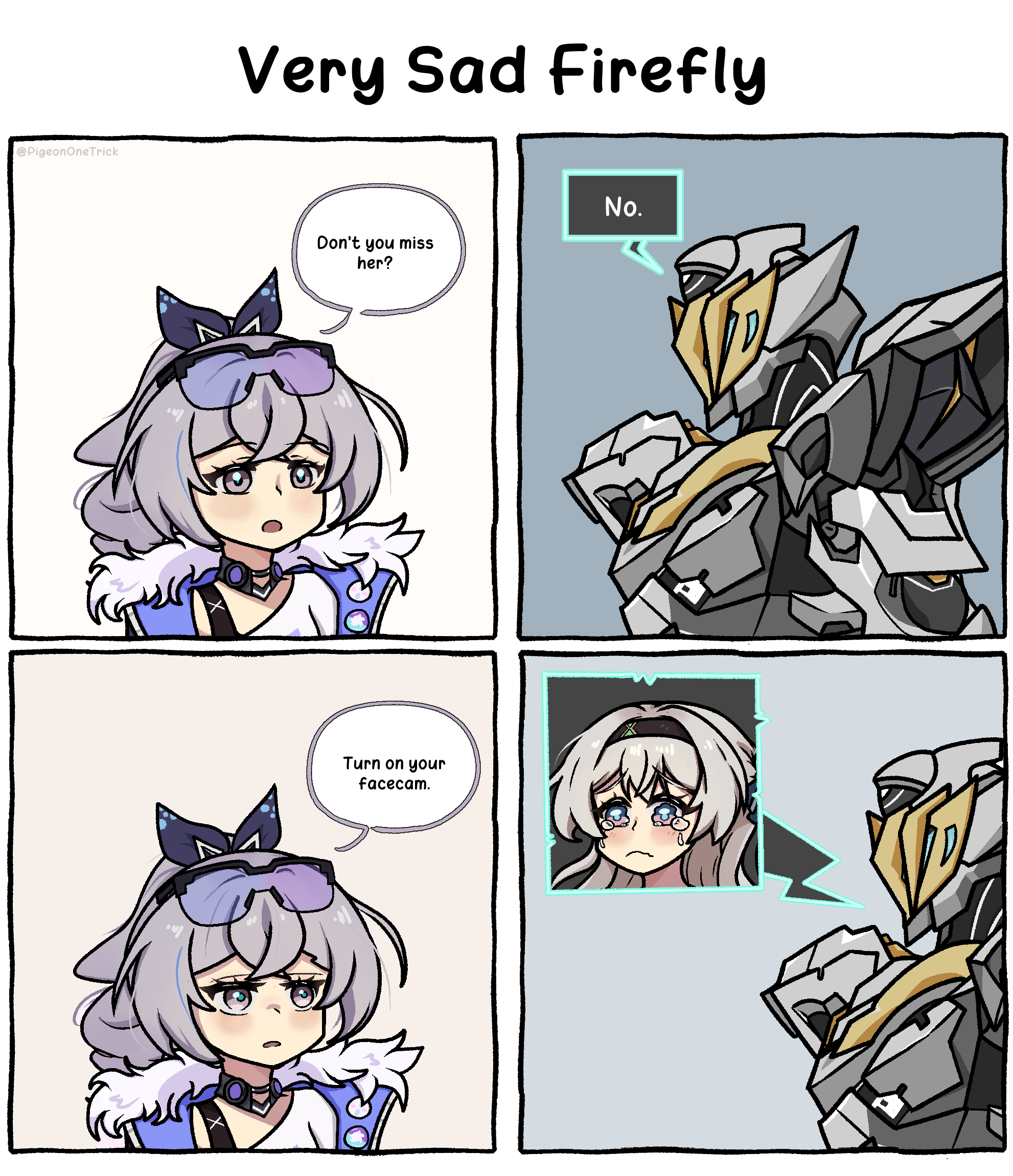 pigeononetrick, firefly (honkai: star rail), sam (honkai: star rail), silver wolf (honkai: star rail), honkai: star rail, honkai (series), commentary, highres, 2girls, black choker, black hairband, choker, crying, crying with eyes open, eyewear on head, fur-trimmed jacket, fur trim, grey eyes, grey hair, hair ribbon, hairband, jacket, long hair, multiple girls, open mouth, ribbon, shirt, speech bubble, sunglasses, tears, white shirt