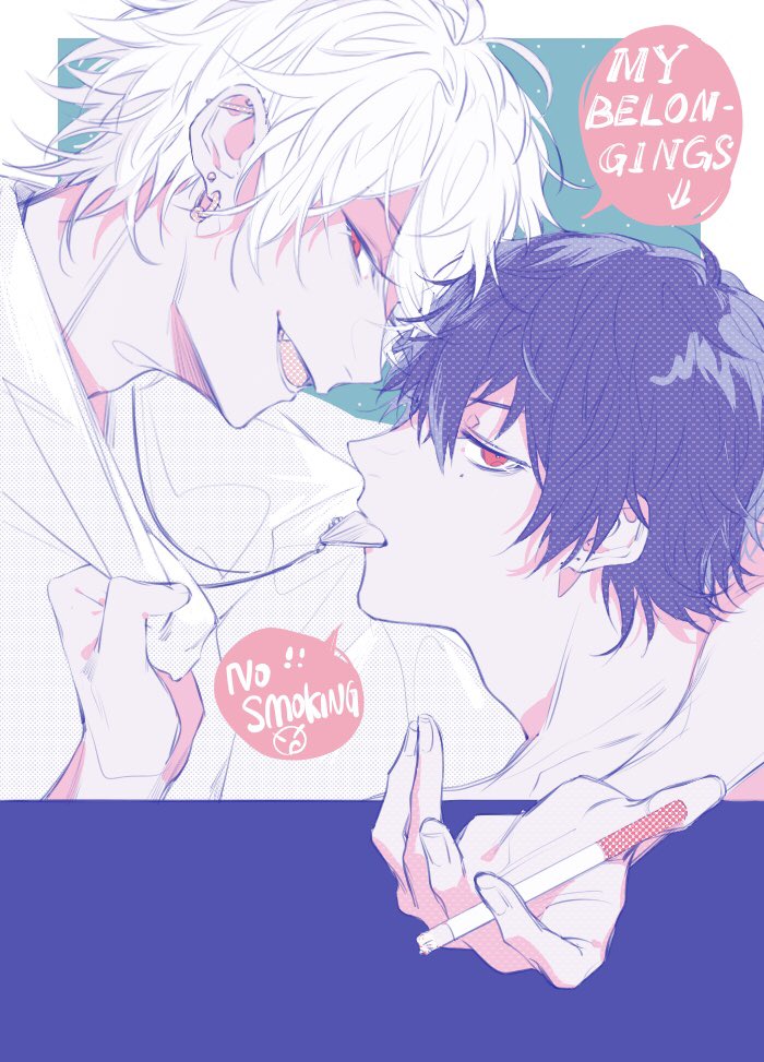 shuiyiyaogong, aohitsugi samatoki, yamada ichiro, hypnosis mic, 2boys, arm around neck, black hair, cigarette, clothes grab, collared shirt, colored speech bubble, ear piercing, earrings, english text, fang, holding, holding cigarette, jewelry, looking at viewer, male focus, mask pull, mole, mole under eye, mouth hold, multiple boys, necklace in mouth, open mouth, piercing, profile, red eyes, shirt, short hair, smile, smoking, speech bubble, tongue, white hair, white shirt, yaoi