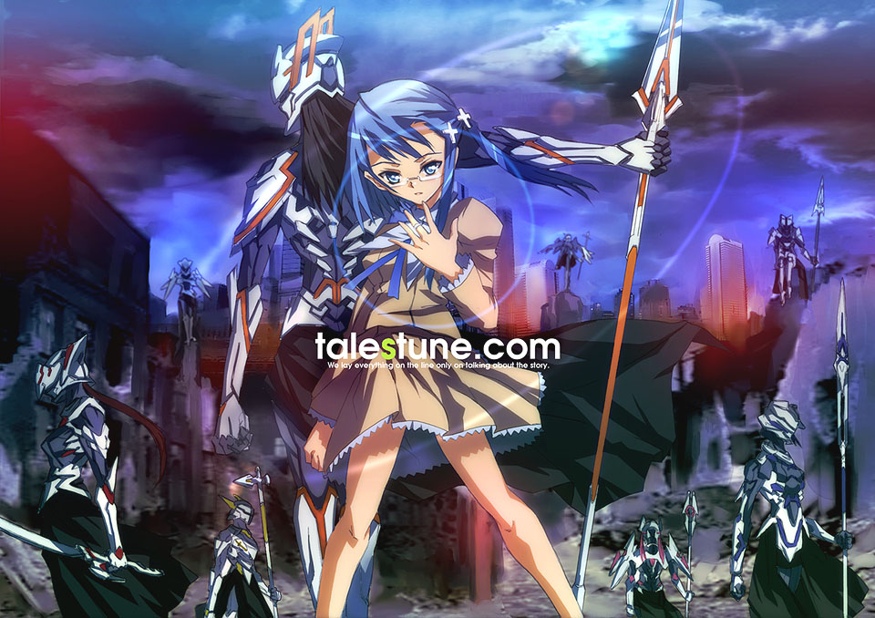 ueda yumehito, original, 2girls, 6+boys, armor, black hair, blue eyes, blue hair, cityscape, cross, glasses, jewelry, latin cross, multiple boys, multiple girls, night, polearm, purple sky, ring, skirt, sky, solo focus, spear, twintails, weapon