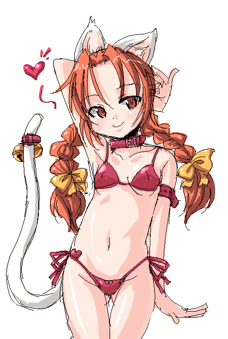 onija tarou, original, 1girl, animal ears, bikini, braid, cat ears, cat girl, cat tail, female focus, loli, long hair, oekaki, orange hair, red bikini, red hair, side-tie bikini bottom, simple background, solo, string bikini, swimsuit, tail, twin braids, white background