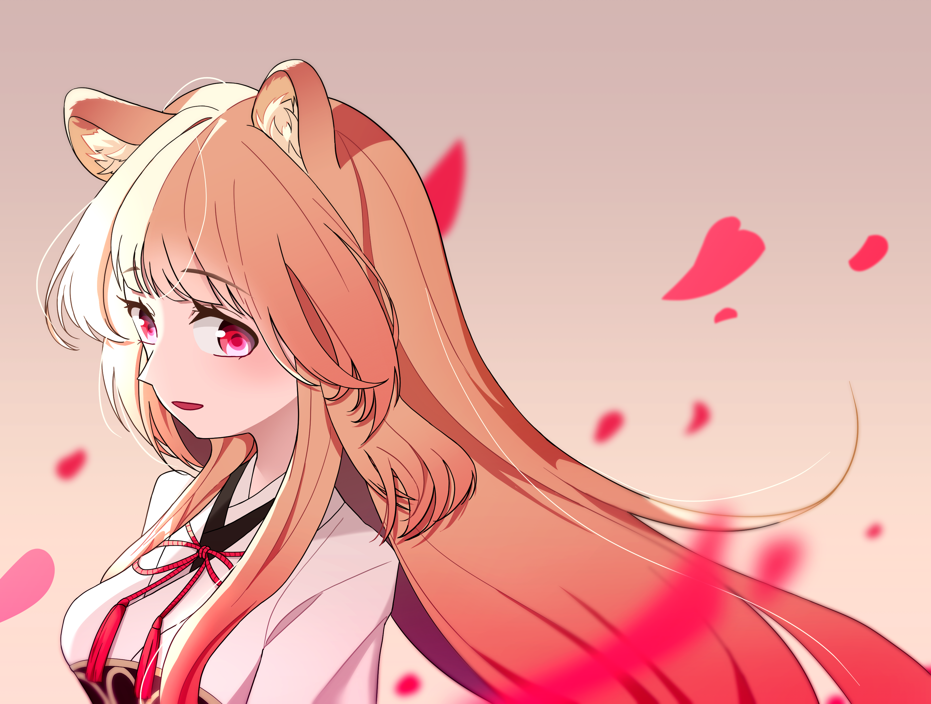 raphtalia, tate no yuusha no nariagari, absurdres, commentary, highres, 1girl, :d, animal ear fluff, animal ears, bangul gtt, blunt bangs, breasts, brown hair, eyelashes, falling petals, floating hair, gradient background, long hair, looking at viewer, medium breasts, neck ribbon, nose, open mouth, petals, pink background, pink eyes, portrait, raccoon ears, raccoon girl, red ribbon, ribbon, smile, solo, straight hair, white kosode