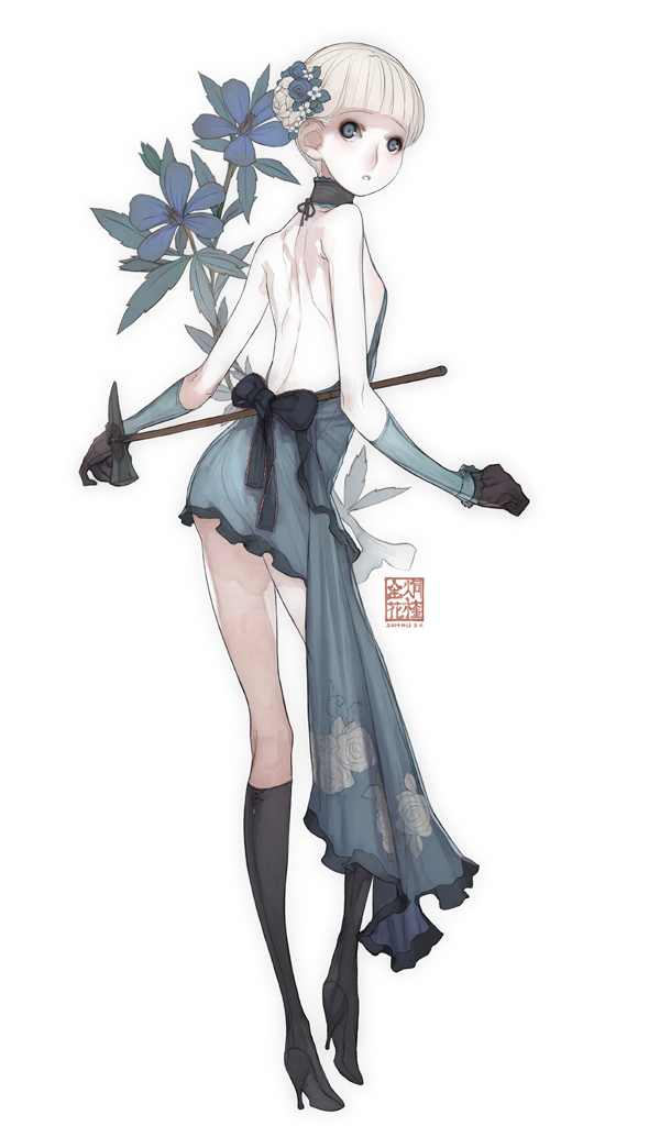 d.k, original, black footwear, 1girl, :o, ass, axe, backless outfit, bare back, black gloves, blonde hair, blue eyes, blunt bangs, boots, bow, female focus, floral background, floral print, flower, from behind, full body, gloves, hair bun, hair flower, hair ornament, high heel boots, high heels, knee boots, long legs, looking at viewer, looking back, pale skin, see-through clothes, shoes, short hair, simple background, single hair bun, solo, weapon, white background