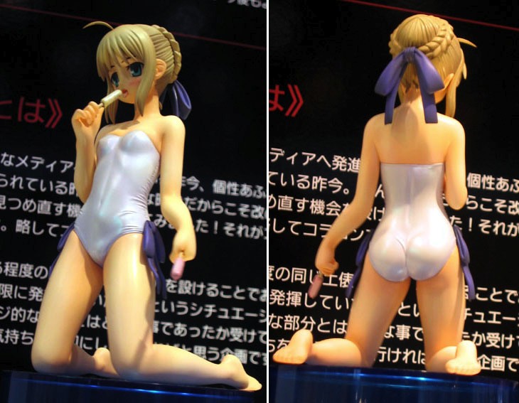 artoria pendragon (fate), saber (fate), fate/stay night, fate (series), photo (medium), 00s, 1girl, ass, bare shoulders, barefoot, blonde hair, blush, braid, braided bun, breasts, casual one-piece swimsuit, dual wielding, female focus, figure, flat chest, food, from behind, green eyes, hair bun, hair ribbon, holding, kneeling, one-piece swimsuit, open mouth, popsicle, ribbon, school swimsuit, short hair, single hair bun, small breasts, solo, swimsuit, white one-piece swimsuit
