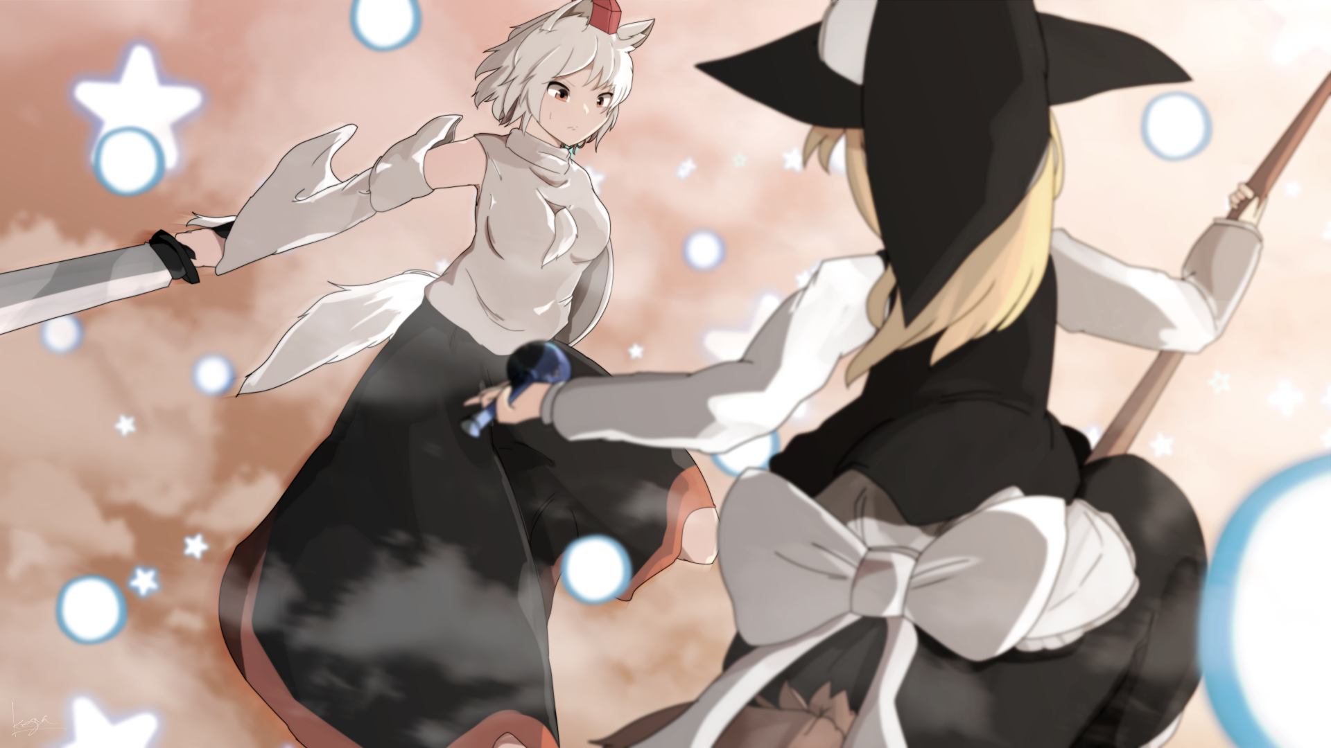 kegya (kagiya hourai), inubashiri momiji, kirisame marisa, touhou, commentary request, highres, partial commentary, 2girls, animal ear fluff, animal ears, apron, battle, black hat, black skirt, black vest, blonde hair, blurry, blurry foreground, bow, breasts, broom, cloud, danmaku, detached sleeves, drooping headgear, feet out of frame, floating hair, frilled skirt, frills, from behind, hat, hat bow, holding, holding broom, holding sword, holding weapon, long hair, long skirt, long sleeves, medium breasts, midair, mini-hakkero, multiple girls, pink background, pom pom (clothes), puffy long sleeves, puffy sleeves, red eyes, red hat, red trim, shirt, short hair, skirt, star (symbol), swept bangs, sword, tail, tokin hat, vest, weapon, white apron, white bow, white hair, white shirt, wide sleeves, witch hat, wolf ears, wolf girl, wolf tail