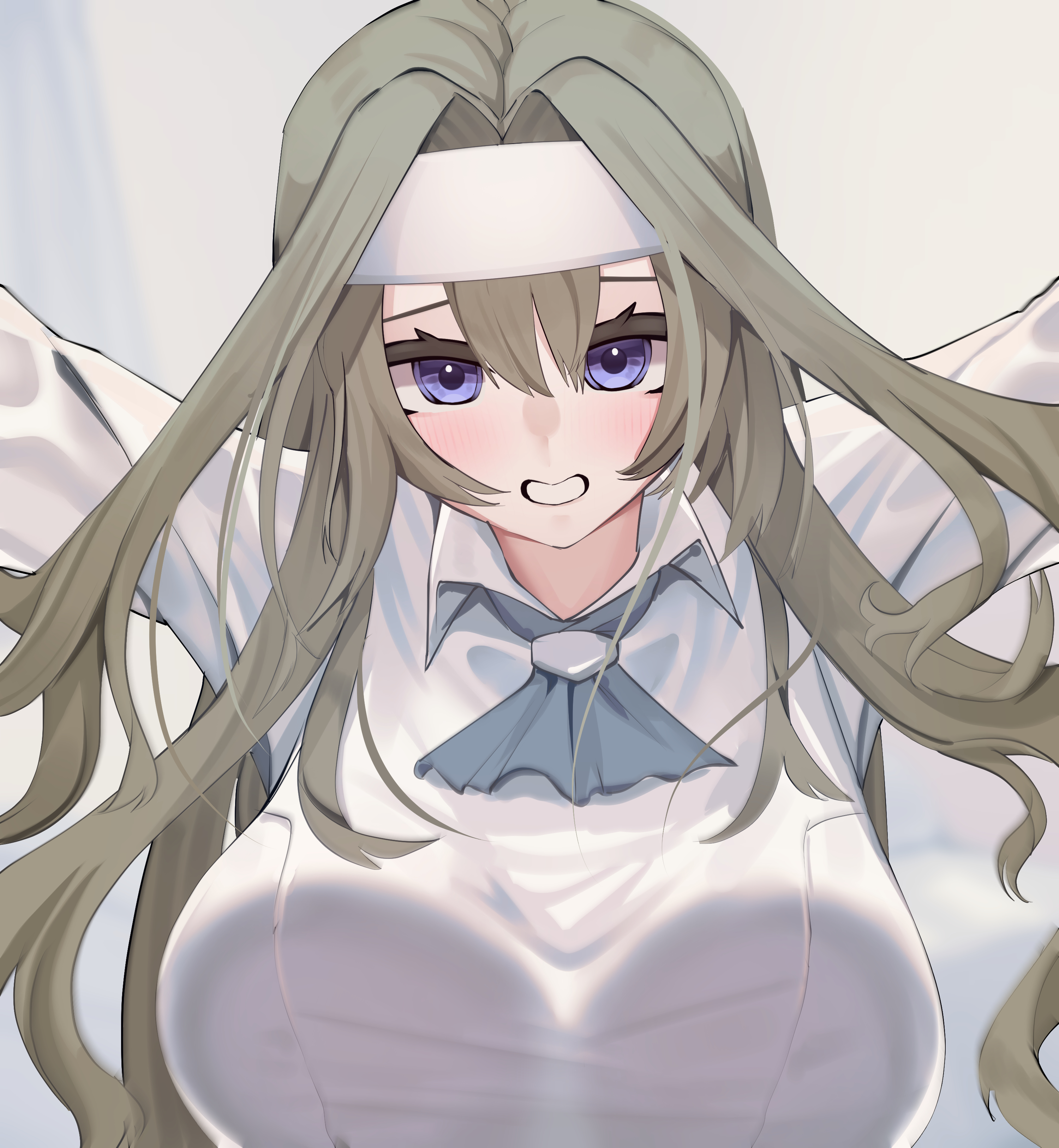 cotan (actancyaga), exosister irene, yu-gi-oh!, absurdres, highres, 1girl, blue eyes, blurry, blurry background, blush, breasts, brown hair, duel monster, hair between eyes, hairband, large breasts, long hair, shirt, smile, solo, upper body, white hairband, white shirt