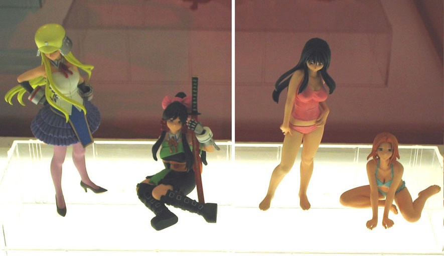 kasukabe saki, oono kanako, ritsuko kubel kettenkrad, genshiken, kujibiki unbalance, photo (medium), 00s, 4girls, barefoot, black hair, blonde hair, boots, breasts, cleavage, crossover, detached collar, figure, hair ribbon, helmet, high heels, large breasts, long hair, looking at viewer, medium breasts, multiple girls, pantyhose, pink hair, ponytail, ribbon, shoes, short hair, sitting, standing, underwear, underwear only