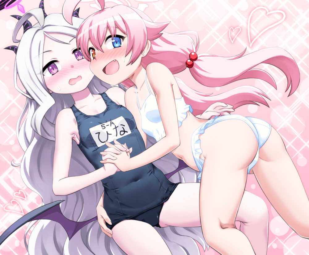 hase yu, hina (blue archive), hina (swimsuit) (blue archive), hoshino (blue archive), hoshino (swimsuit) (blue archive), blue archive, commentary request, 2girls, ahoge, ass, bikini, black halo, black horns, blue eyes, blue one-piece swimsuit, demon girl, demon horns, demon wings, fang, frilled bikini, frills, hair bobbles, hair ornament, halo, heterochromia, holding hands, horns, long hair, looking at viewer, low twintails, low wings, multiple girls, name tag, official alternate costume, old school swimsuit, one-piece swimsuit, parted bangs, pink background, pink hair, pink halo, purple eyes, school swimsuit, sparkle background, swimsuit, twintails, very long hair, white bikini, white hair, wings