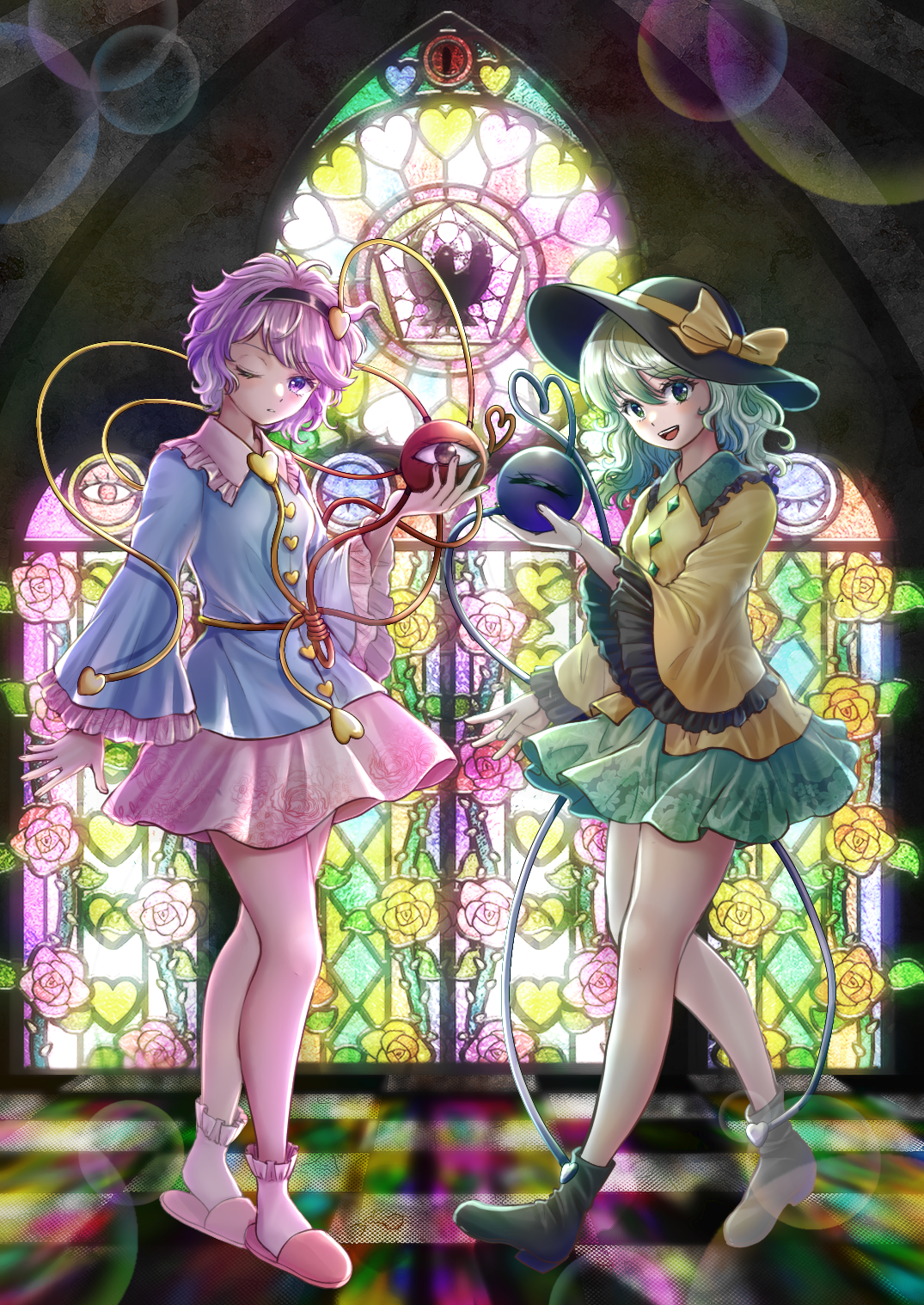 kyabekko, komeiji koishi, komeiji satori, touhou, commentary request, highres, 2girls, black hairband, black hat, blue shirt, boots, bow, buttons, closed mouth, collared shirt, diamond button, eyeball, floral print, frilled shirt collar, frilled sleeves, frills, green boots, green eyes, green hair, green skirt, hair ornament, hairband, hat, hat bow, heart, heart button, heart hair ornament, heart of string, lens flare, long sleeves, looking at viewer, multiple girls, one eye closed, open mouth, pink eyes, pink hair, pink skirt, pink slippers, print skirt, rose print, satokoi day, shirt, siblings, sisters, skirt, slippers, smile, stained glass, third eye, wide sleeves, yellow bow, yellow shirt
