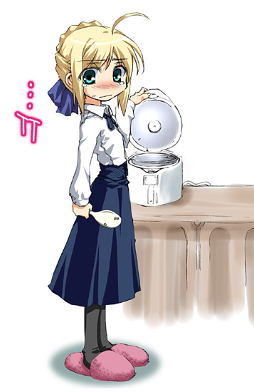 artoria pendragon (fate), saber (fate), fate/stay night, fate (series), 00s, 1girl, ahoge, black pantyhose, blonde hair, blouse, braid, female focus, long sleeves, pantyhose, rice, rice cooker, shamoji, shirt, slippers, solo, tears, thighhighs