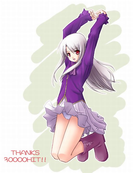 illyasviel von einzbern, fate/stay night, fate (series), silver hair, 00s, 1girl, arms up, ascot, boots, female focus, jumping, long hair, long sleeves, looking at viewer, milestone celebration, panties, pantyshot, purple boots, red eyes, skirt, smile, solo, underwear, upskirt, very long hair, white panties