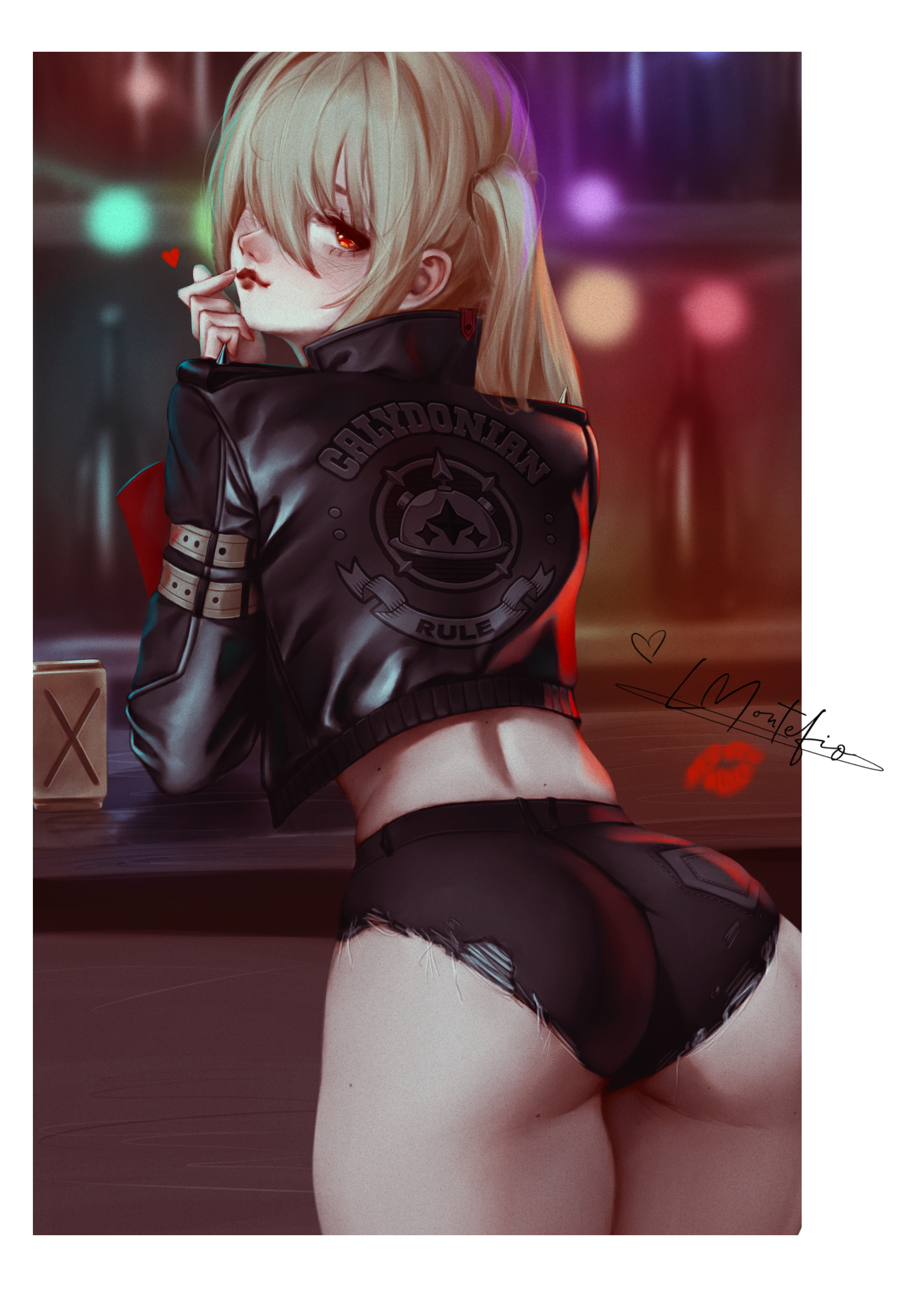 bekus, luciana de montefio, zenless zone zero, absurdres, highres, 1girl, ass, back, black jacket, black shorts, blonde hair, blurry, blurry background, border, closed mouth, cowboy shot, cropped jacket, depth of field, from behind, hair between eyes, heart, jacket, long hair, looking at viewer, looking back, micro shorts, red eyes, shorts, side ponytail, signature, solo, standing, white border