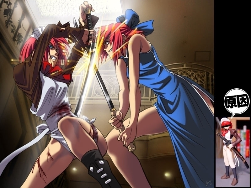 wi-z garage, hisui (tsukihime), kohaku (tsukihime), mr. chin, six degrees of inner turbulance, tsukihime, interior, 00s, 2girls, bandages, battle, bleeding, blood, blood on clothes, blue eyes, boots, censored, censored identity, china dress, chinese clothes, clash, clenched teeth, cuts, dress, duel, english text, engrish text, evil grin, evil smile, eye contact, grin, guyface, half updo, hallway, indoors, injury, katana, legs, looking at another, maid, maid headdress, multiple girls, puffy sleeves, quality, ranguage, red hair, short hair, siblings, side slit, sisters, smile, sparkle, sword, teeth, tied skirt, torn clothes, twins, weapon