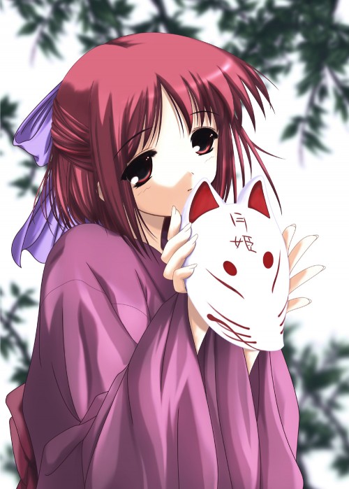 sanada hideki, kohaku (tsukihime), tsukihime, 00s, 1girl, bow, female focus, fox mask, hair bow, half updo, long sleeves, mask, outdoors, pink eyes, pink hair, robe, short hair, solo, unworn mask, white background