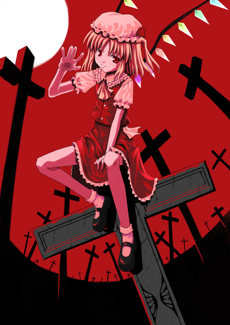 kagura mizuki, flandre scarlet, embodiment of scarlet devil, touhou, 1girl, blonde hair, cross, dress, female focus, full moon, hat, latin cross, mob cap, moon, red background, red eyes, red theme, sitting, solo, wings