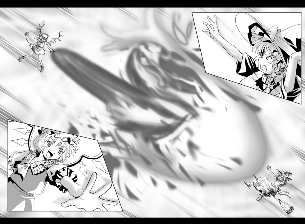 flandre scarlet, kirisame marisa, touhou, 2girls, action, battle, broom, broom riding, clenched teeth, duel, female focus, greyscale, hand on headwear, hand up, hat, holding, holding unworn clothes, holding unworn hat, laevatein, letterboxed, magic, monochrome, multiple girls, open mouth, outstretched arm, profile, sidesaddle, teeth, unworn hat, unworn headwear, wings, witch hat