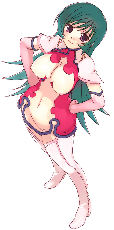 rikumoto yoshiyuki, kotona elegance, zoids, zoids genesis, 00s, 1girl, boots, breasts, center opening, covered erect nipples, dress, earrings, elbow gloves, female focus, from above, full body, gloves, green hair, groin, hands on own hips, high heels, hip focus, impossible clothes, impossible dress, jewelry, large breasts, long hair, navel, nipples, pink gloves, pink thighhighs, purple eyes, see-through clothes, shoes, short dress, simple background, smile, solo, standing, thigh boots, thighhighs, white background, white boots, white thighhighs, wide hips