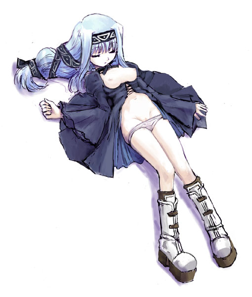 shiruo (kotyounoyume), reverie metherlence, elemental gelade, platform footwear, 00s, 1girl, blue dress, blue hair, boots, breasts, breasts out, closed eyes, dress, female focus, groin, knee boots, long hair, lowleg, lowleg panties, lying, medium breasts, navel, nipples, on back, open clothes, open dress, panties, panty pull, platform boots, pussy, simple background, sleeping, solo, uncensored, underwear, white background, white panties