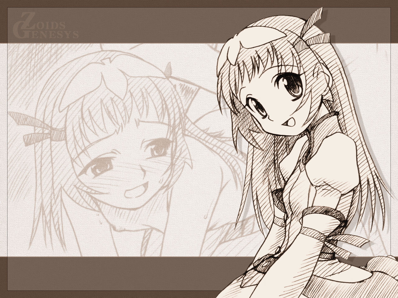 re mii, zoids, zoids genesis, artist request, 00s, 1girl, all fours, blush, detached sleeves, flat chest, loli, long hair, long sleeves, monochrome, multiple views, nipples, nude, sketch, sweat
