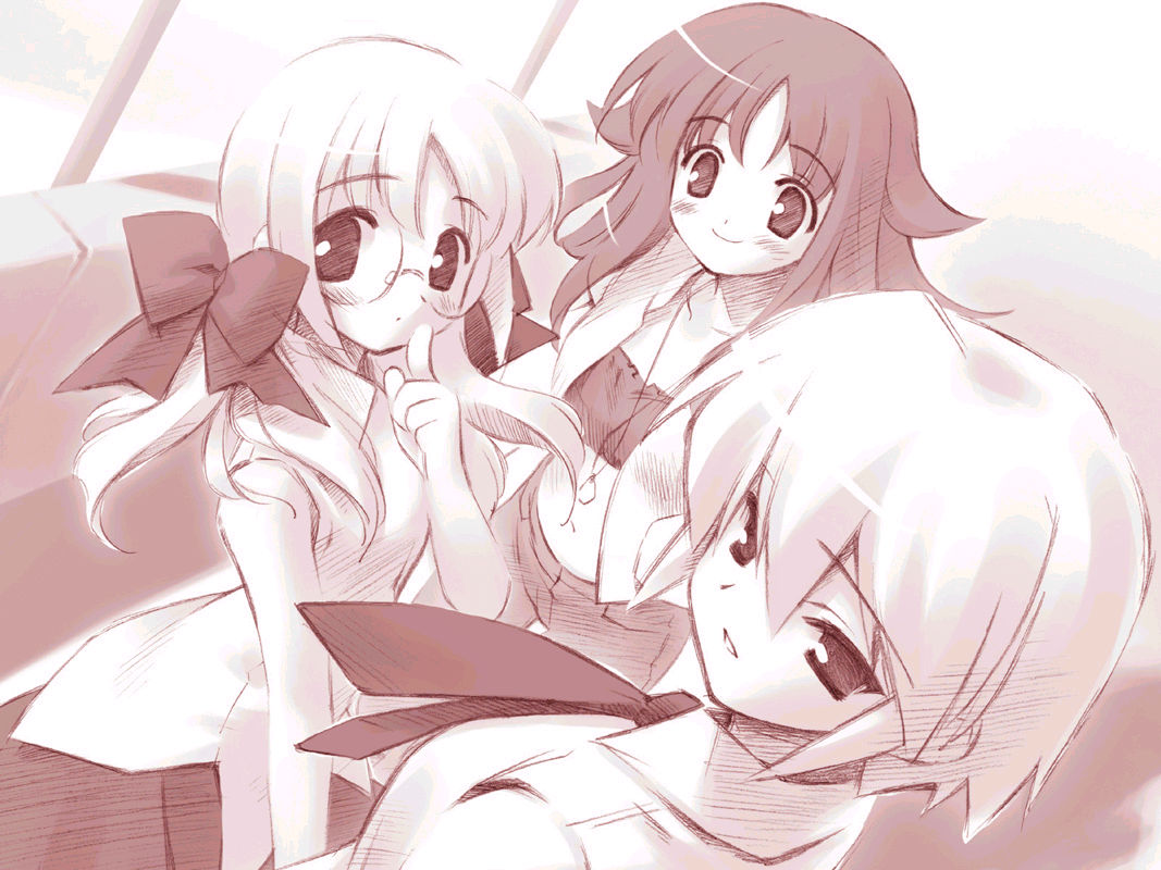 kotonomiya yuki, miyashiro karin, shinjou izumi, suigetsu, 3girls, bandeau, blush, bow, finger to mouth, glasses, hair between eyes, hair bow, jewelry, midriff, monochrome, multiple girls, necklace, necktie, pink theme, shinjyou izumi, short hair, smile, strapless, tube top
