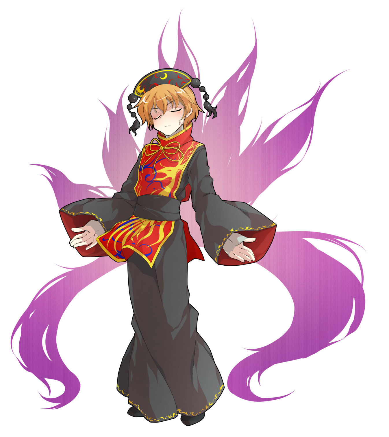 dairi, junko (touhou), touhou, commission, highres, large variant set, skeb commission, variant set, 1boy, alphes (style), black dress, black hat, black shoes, blush, chinese clothes, closed eyes, crescent, dress, fox tail, full body, genderswap, genderswap (ftm), hair between eyes, hat, male focus, multiple tails, orange hair, outstretched arms, parody, shoes, short hair, solo, standing, style parody, tabard, tachi-e, tail, tassel, transparent background, wide sleeves