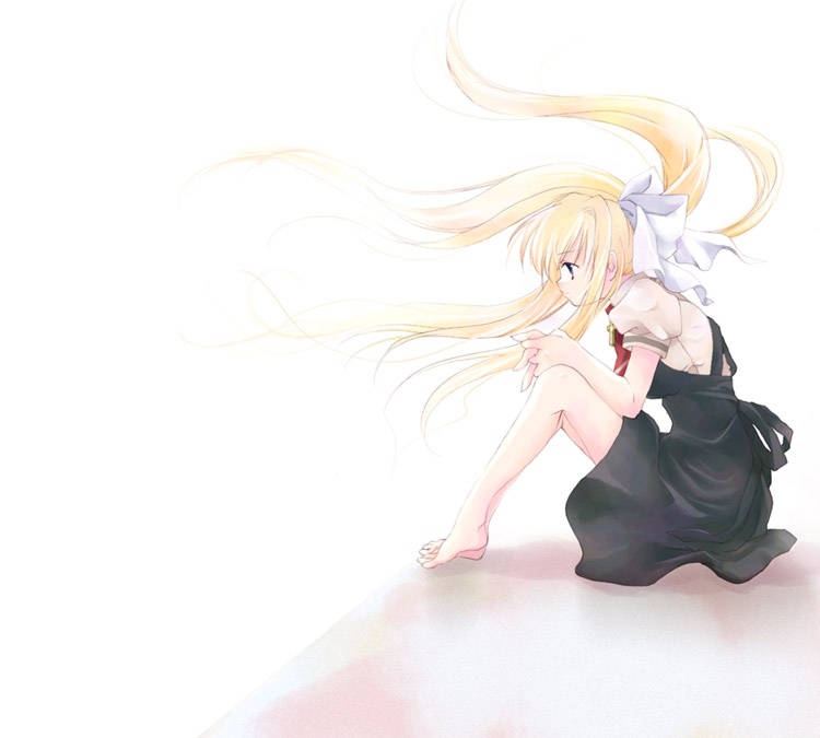 misaki kozue, kamio misuzu, air (visual novel), 00s, 1girl, barefoot, black dress, blonde hair, dress, feet, female focus, hands on own knees, knees up, long hair, sitting, solo, wind