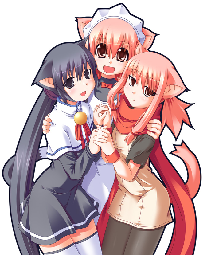 asaba, original, white legwear, 3girls, :d, animal ears, bell, blue eyes, blue hair, brown eyes, cat ears, cat girl, cat tail, interlocked fingers, long hair, looking at viewer, maid, multiple girls, open mouth, outline, pantyhose, pink hair, ponytail, red hair, school uniform, serafuku, simple background, smile, tail, thighhighs, very long hair, white background, zettai ryouiki