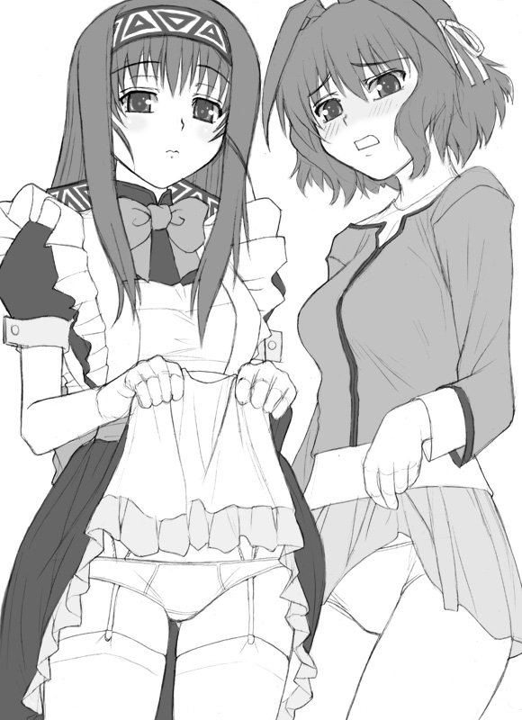 shichimenchou, cisqua, lillia tigres, reverie metherlence, elemental gelade, 00s, 2girls, apron, blouse, bow, clothes lift, dress, dress lift, garter belt, greyscale, lifting own clothes, lingerie, lowleg, lowleg panties, maid, maid apron, miniskirt, monochrome, multiple girls, panties, shirt, side-by-side, skirt, skirt lift, standing, thighhighs, underwear
