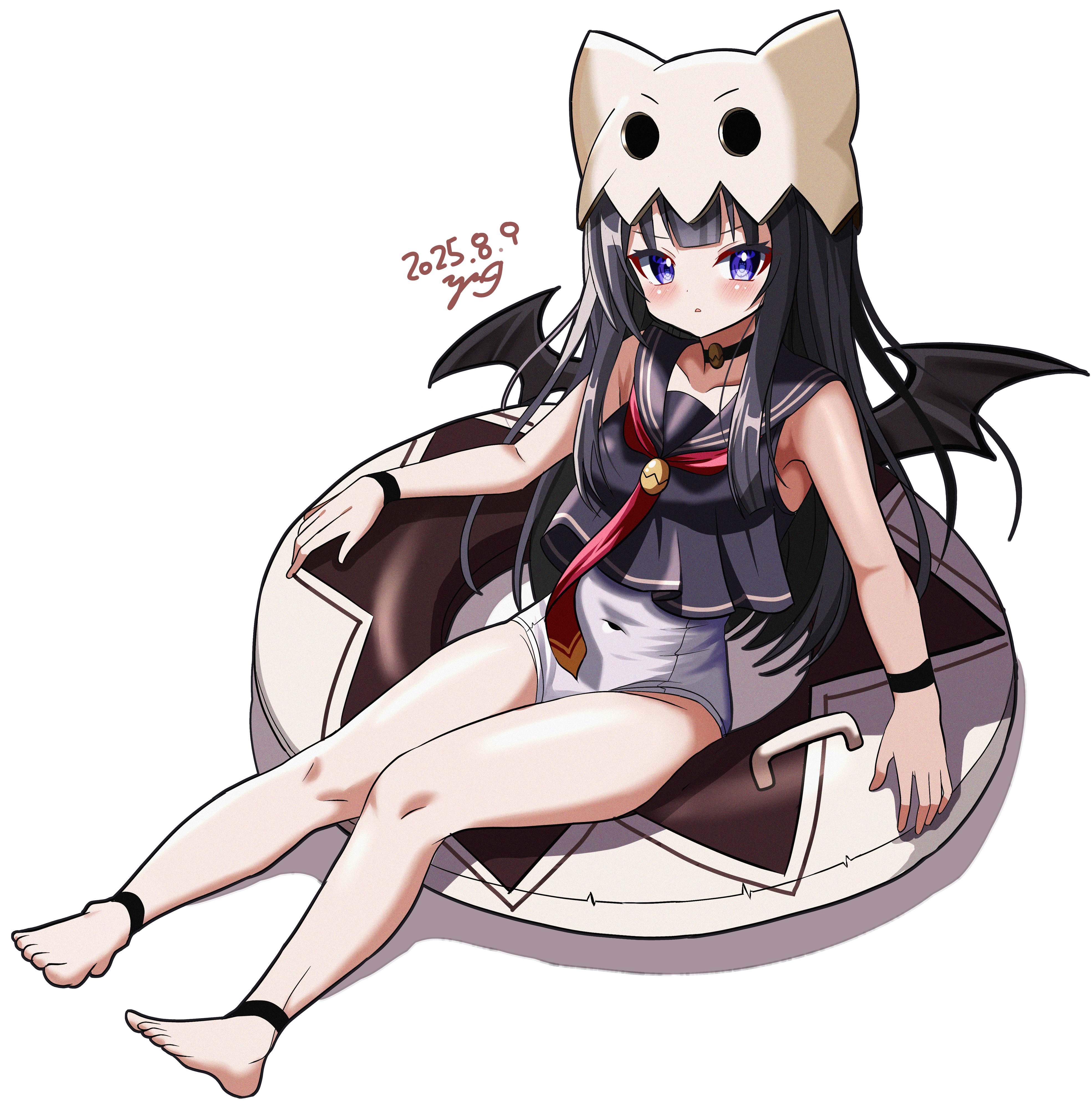 yanapy, emil chronicle online, absurdres, highres, 1girl, anklet, artist name, bare shoulders, bat wings, black hair, black wings, blue eyes, dated, eggshell hat, hat, innertube, jewelry, legband, long hair, necktie, nidoegg alma, on innertube, one-piece swimsuit, red necktie, red ribbon, ribbon, sailor collar, signature, solo, swim ring, swimsuit, white background, white hat, white one-piece swimsuit, wings, wristband