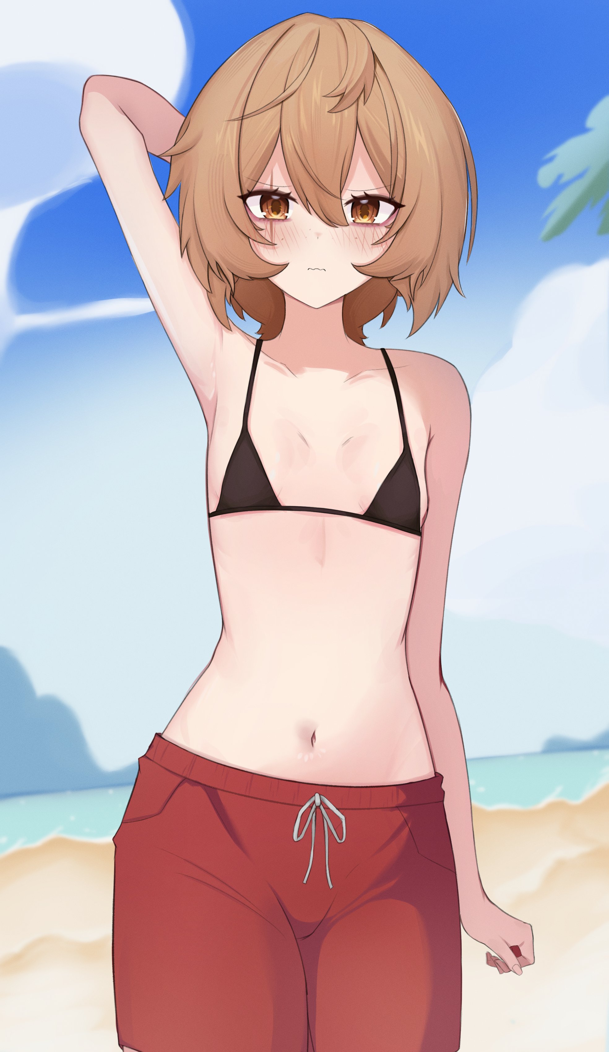 newjeffy7210, clio aite, phase connect, absurdres, highres, 1girl, arm up, armpits, beach, bikini, black bikini, blush, breasts, brown eyes, brown hair, navel, outdoors, red shorts, scar, scar across eye, scar on face, short hair, shorts, small breasts, swimsuit
