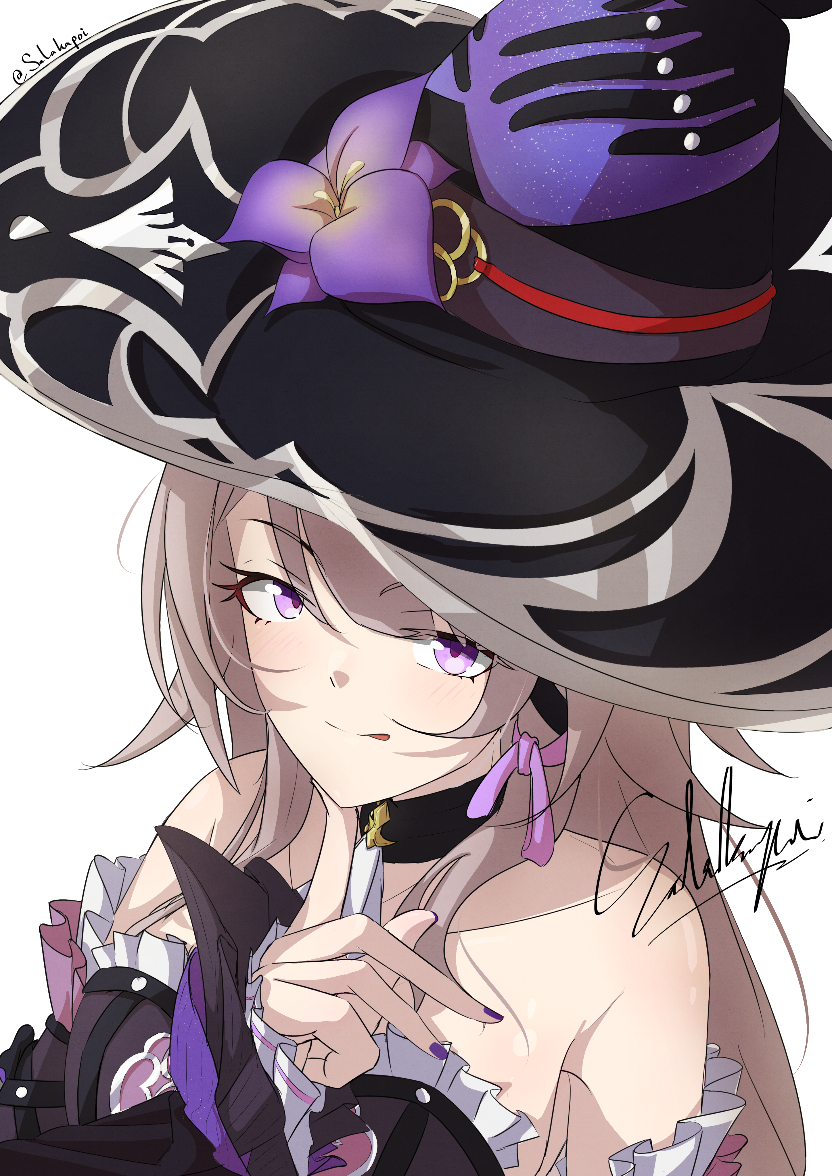 isalakapoii, herta (honkai: star rail), the herta (honkai: star rail), honkai: star rail, honkai (series), absurdres, highres, 1girl, :p, bare shoulders, black choker, black dress, black hat, choker, dress, finger to own chin, flower, frills, grey hair, hat, hat flower, long hair, long sleeves, looking at viewer, purple eyes, purple flower, purple nails, simple background, smile, solo, tongue, tongue out, upper body, white background, witch hat