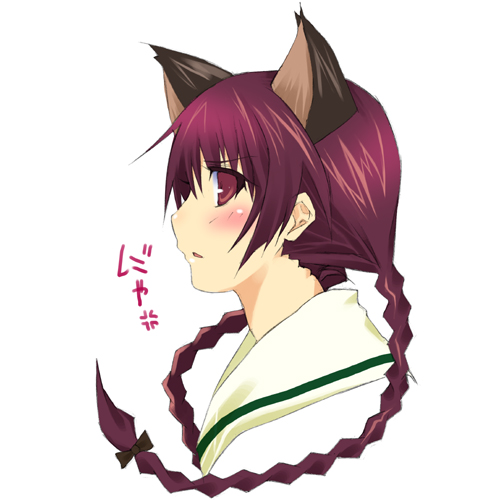 mizuki makoto, shimazu yoshino, maria-sama ga miteru, lowres, 00s, 1girl, anger vein, animal ears, blush, cat ears, female focus, from side, long hair, portrait, purple eyes, purple hair, simple background, solo, white background