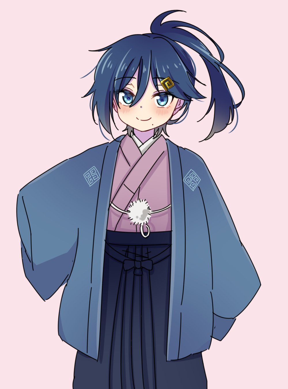 cecilus segmunt, re:zero kara hajimeru isekai seikatsu, highres, ahoge, blue eyes, blue hair, blush, closed mouth, full body, hair ornament, hair over one eye, hakama, haori, japanese clothes, kimono, layered clothes, long hair, looking at viewer, mole, mole under mouth, oshi suko1, pink background, ponytail, sash, simple background, smile, standing, upper body