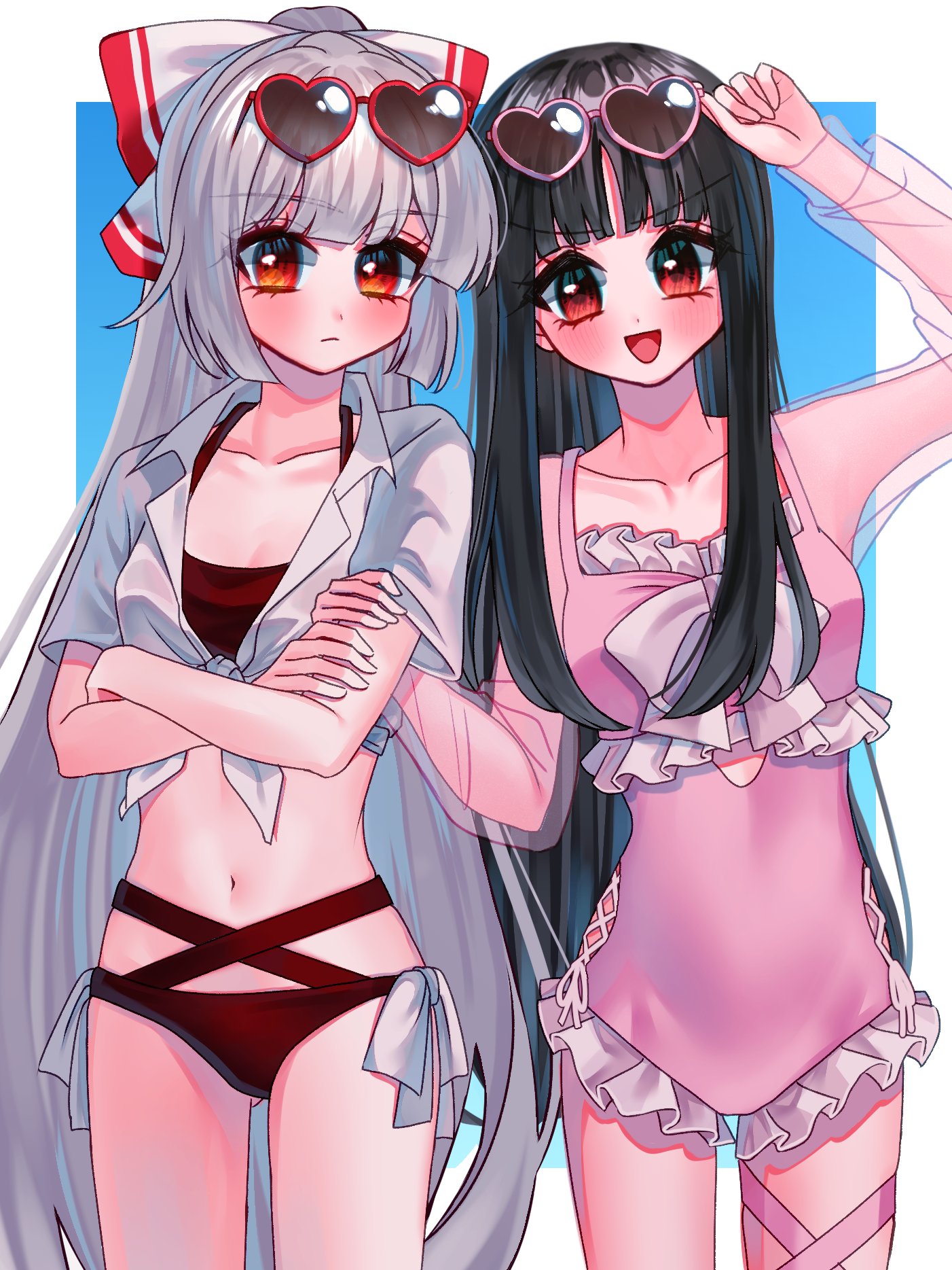 ta mi 01000, fujiwara no mokou, houraisan kaguya, touhou, commentary, highres, 2girls, alternate costume, bikini, black hair, blush, bow, bowtie, breasts, closed mouth, collarbone, crossed arms, eyewear on head, grey hair, hair bow, heart, heart-shaped eyewear, leg ribbon, long hair, looking at viewer, multiple girls, navel, one-piece swimsuit, open mouth, pink-framed eyewear, pink one-piece swimsuit, pink ribbon, red-framed eyewear, red bikini, red eyes, ribbon, see-through clothes, see-through sleeves, shirt, small breasts, smile, sunglasses, swimsuit, thigh ribbon, tied shirt, very long hair, white bow, white bowtie, white shirt
